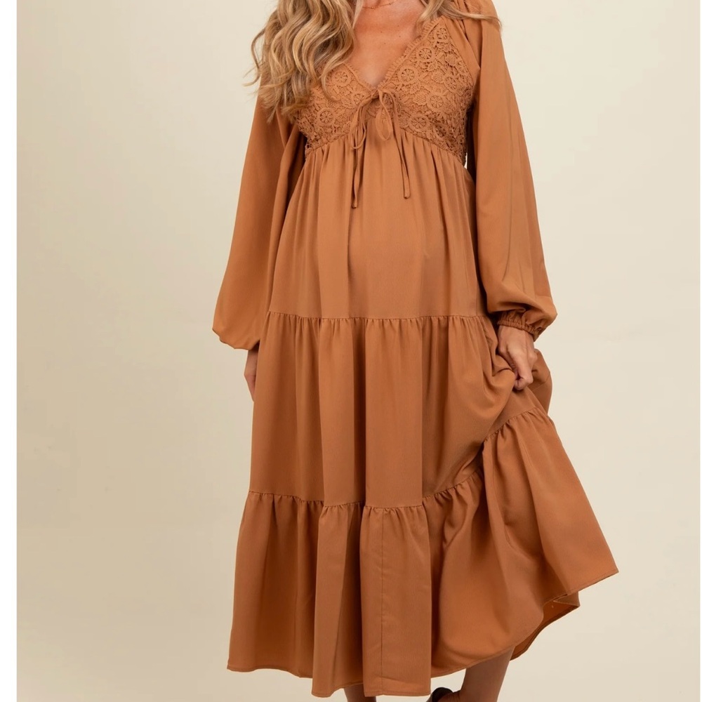 Mocha Contrast Lace Bodice Tiered Maternity Midi Dress